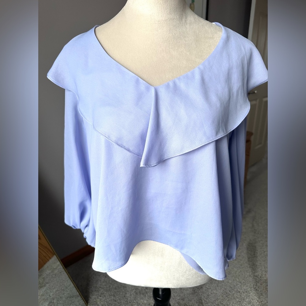 Zara blouse top pull on neck ruffle collar periwinkle long bell sleeves small